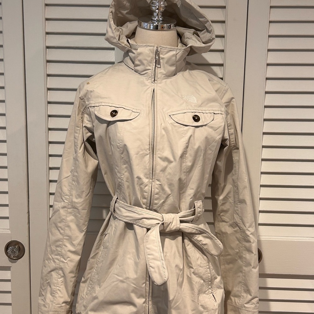 North Face trench, Size M/M, ivory, mid-thigh length, with hood & belt.
